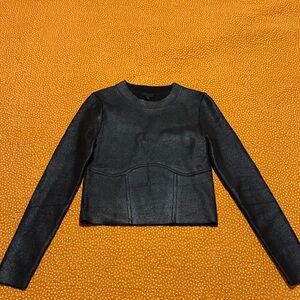 NBD Black Long-Sleeve Faux Leather Cropped Top